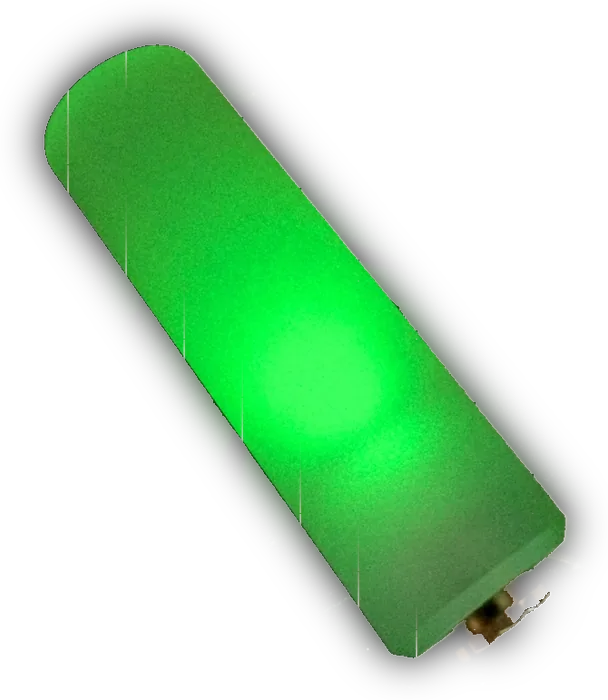Laser safety bar glowing green, with a fiber connector at one end